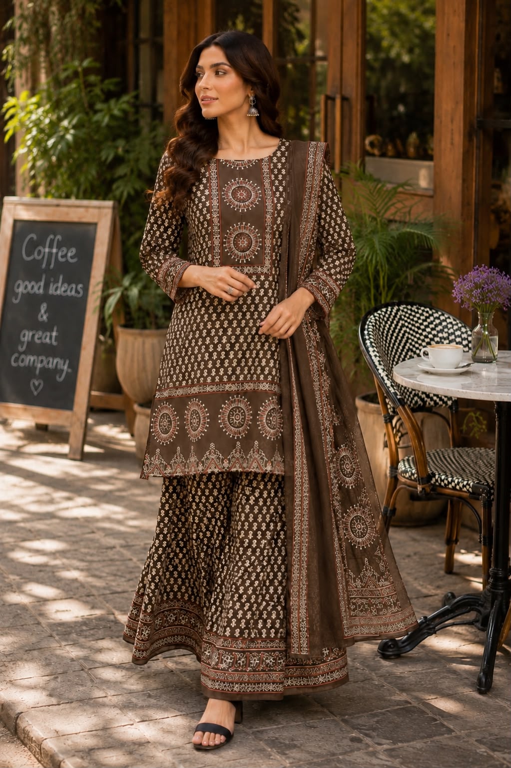 Pretty cotton ajrakh palazzos full suit set in brown