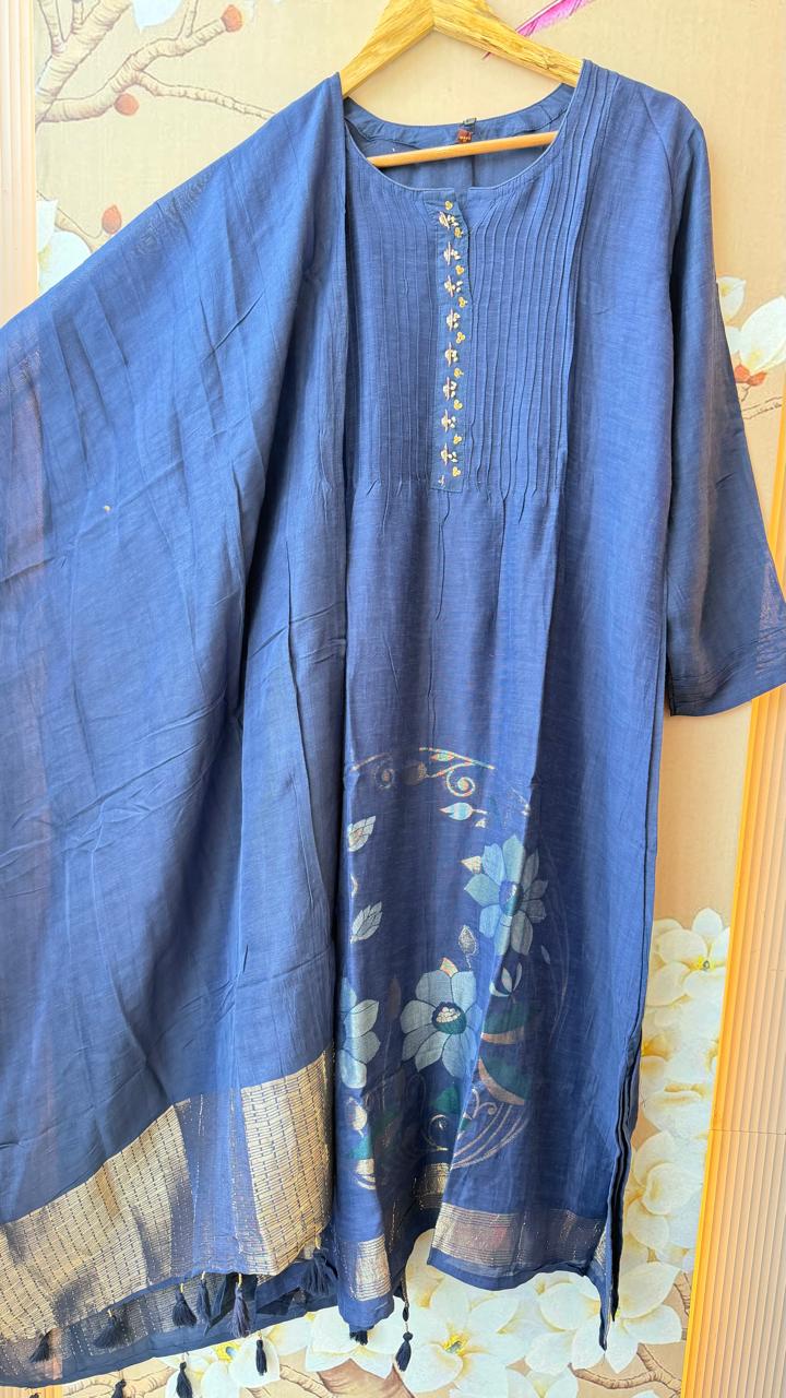 Pretty dola silk blue colour gold zari detailing suit set