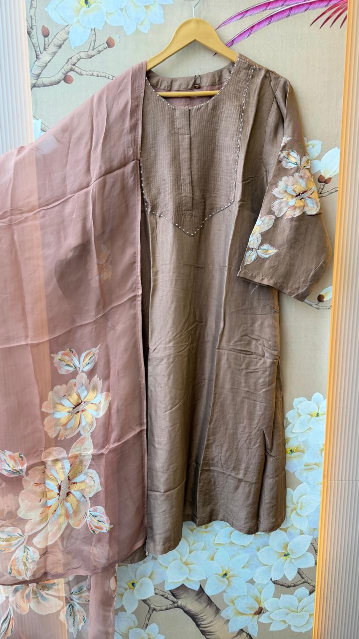 Dola silk designer full suit set in brown