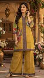 Pretty crepe silk digital printed front n back co ord in yellow