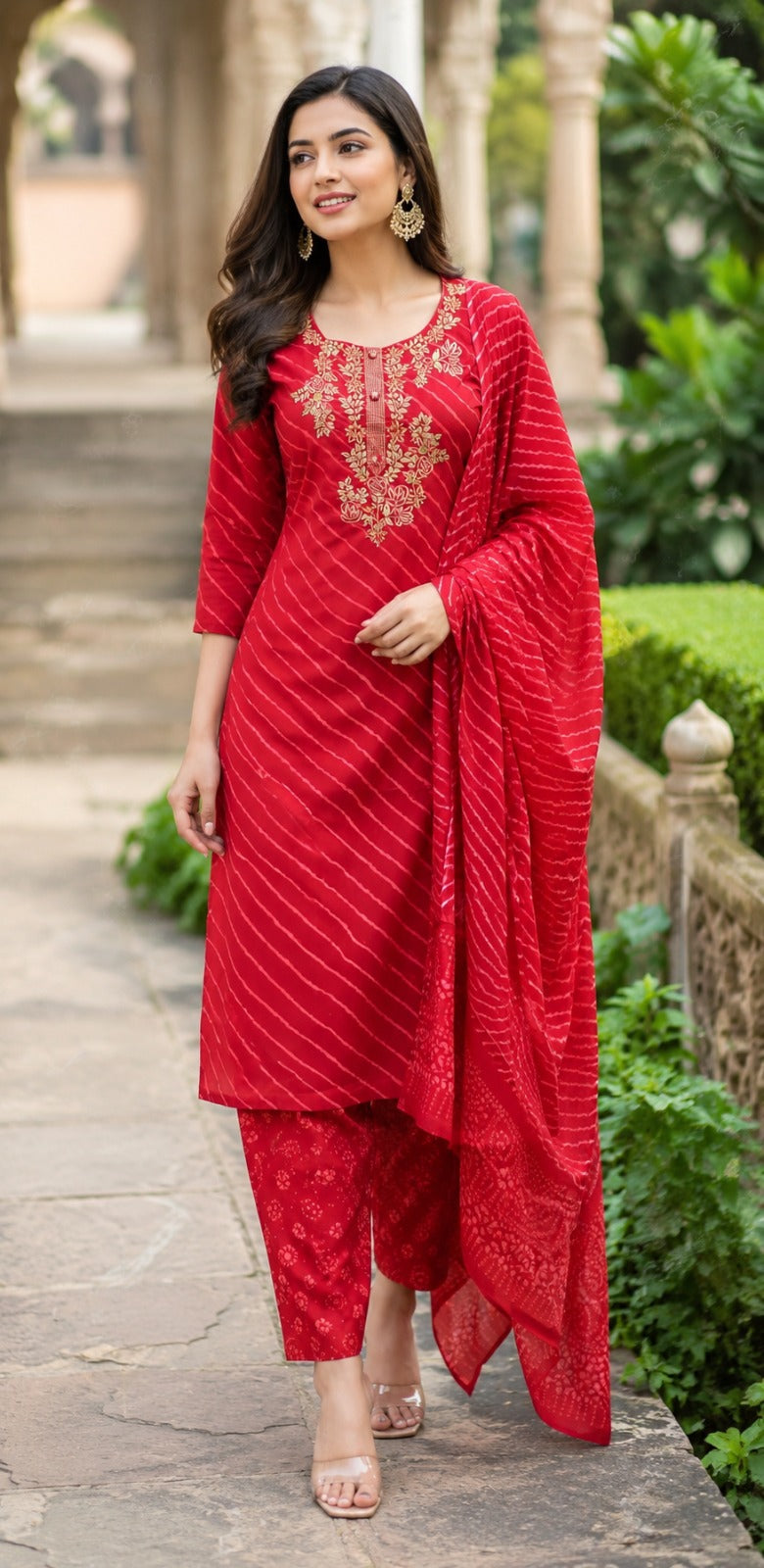Lehariya embroidered kurta paired With bandhani pant suit set
