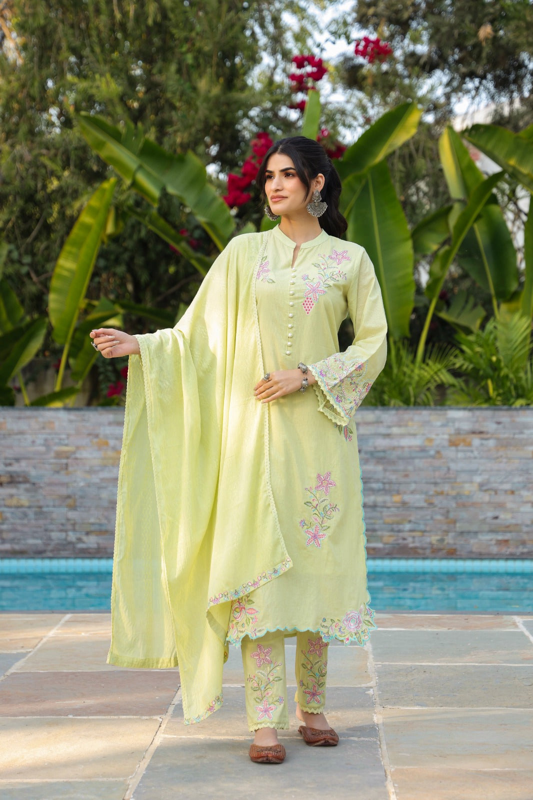 Designer front n back embroidered suit set in cotton in a yellow