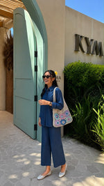 Super pretty denim cotton co ord set with crochet bag
