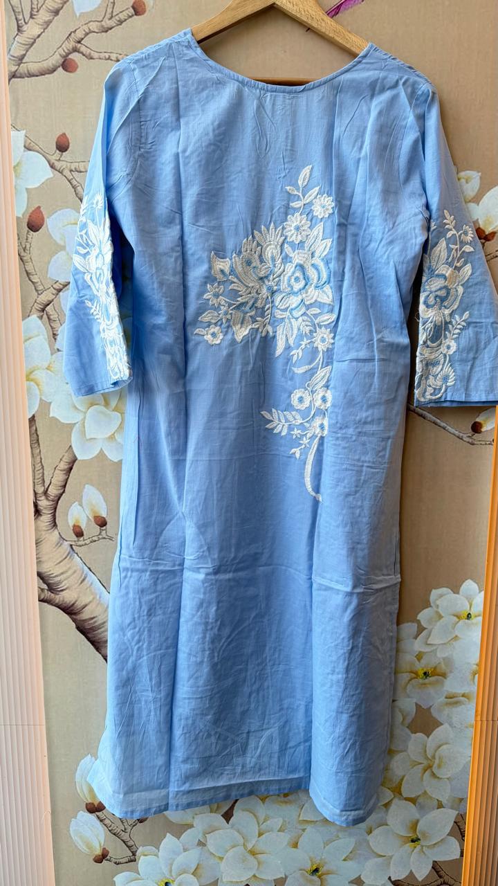 Fully embroidered designer front n back cotton full set in blue