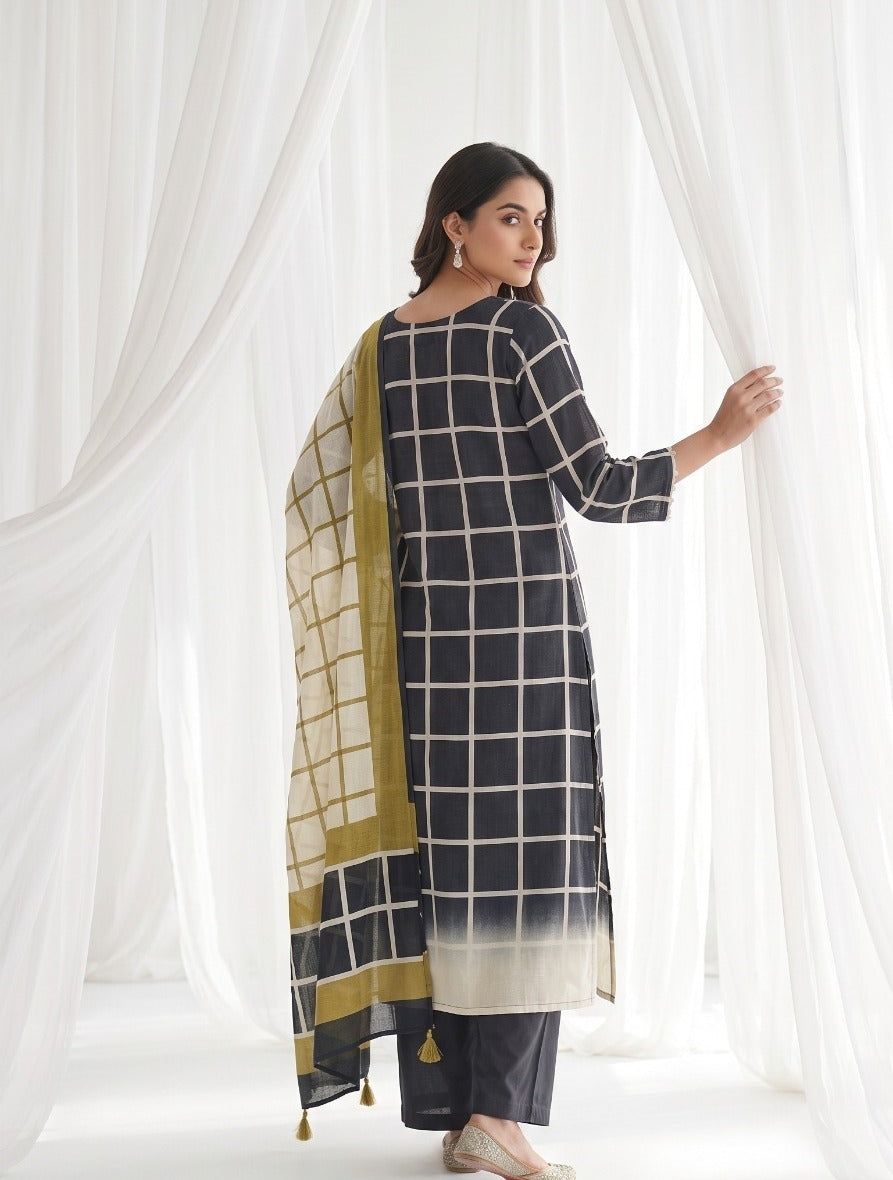 Super soft Mul silk digital printed full suit set in black