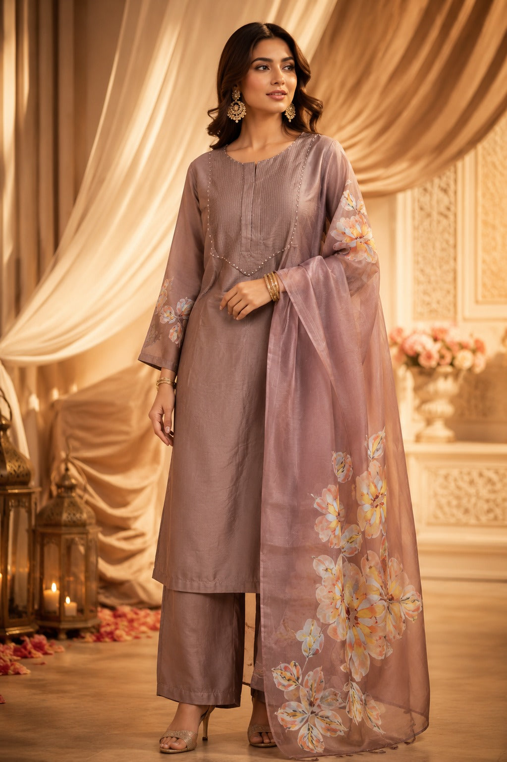Dola silk designer full suit set in brown