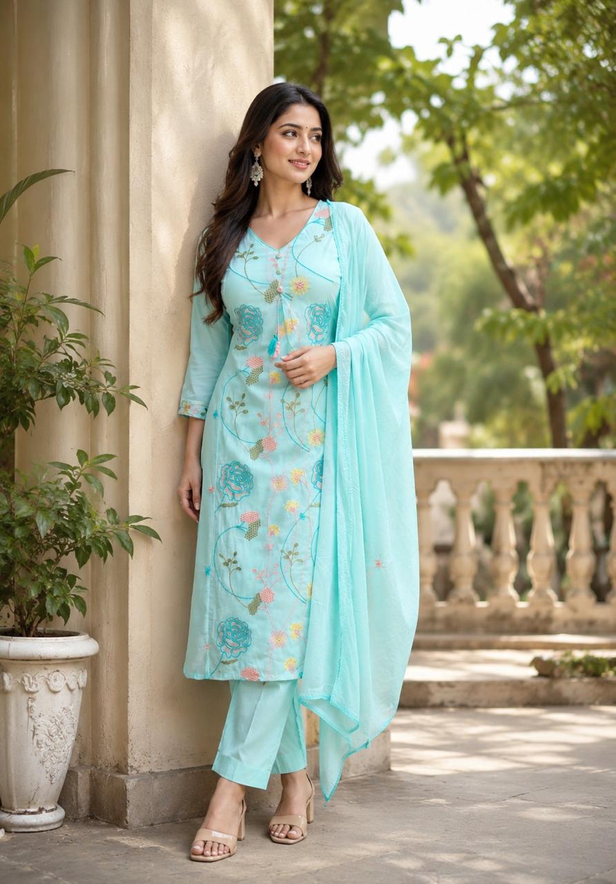 Super pretty applique work Mul Cotton suit set in blue