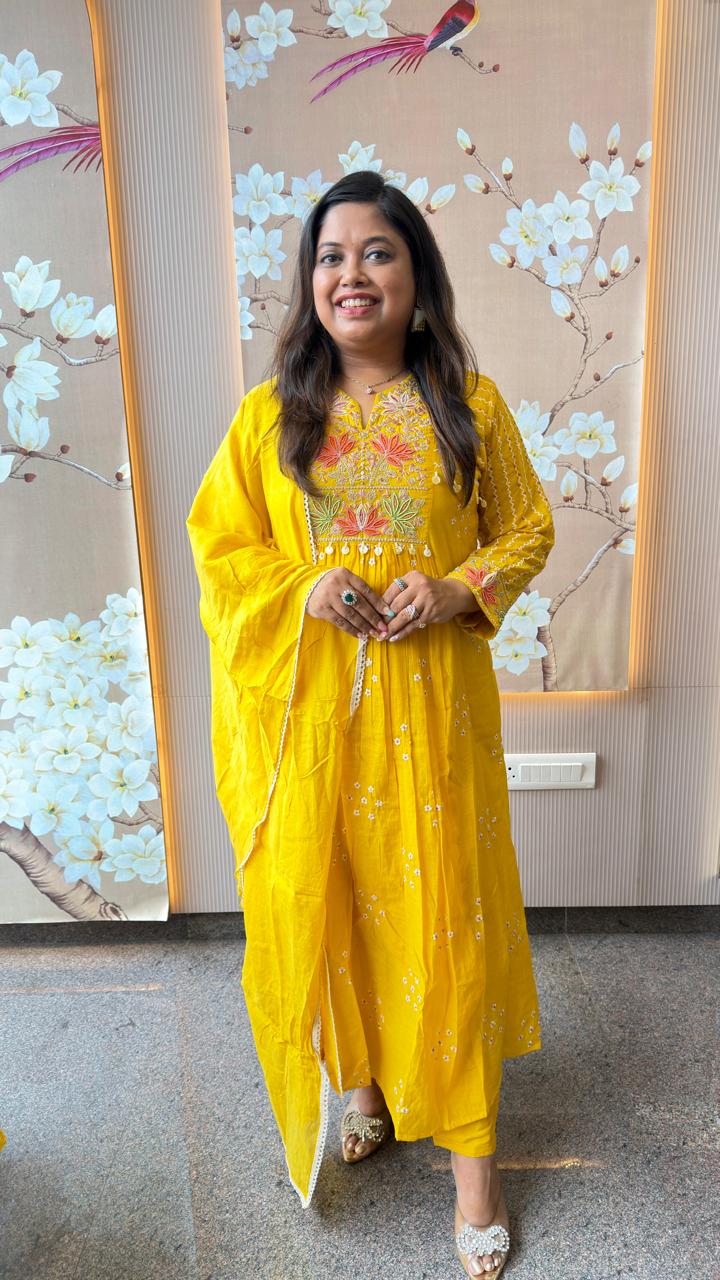 Prettiest yellow Premium Mul chanderi with pearl detailing suit set