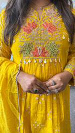 Prettiest yellow Premium Mul chanderi with pearl detailing suit set