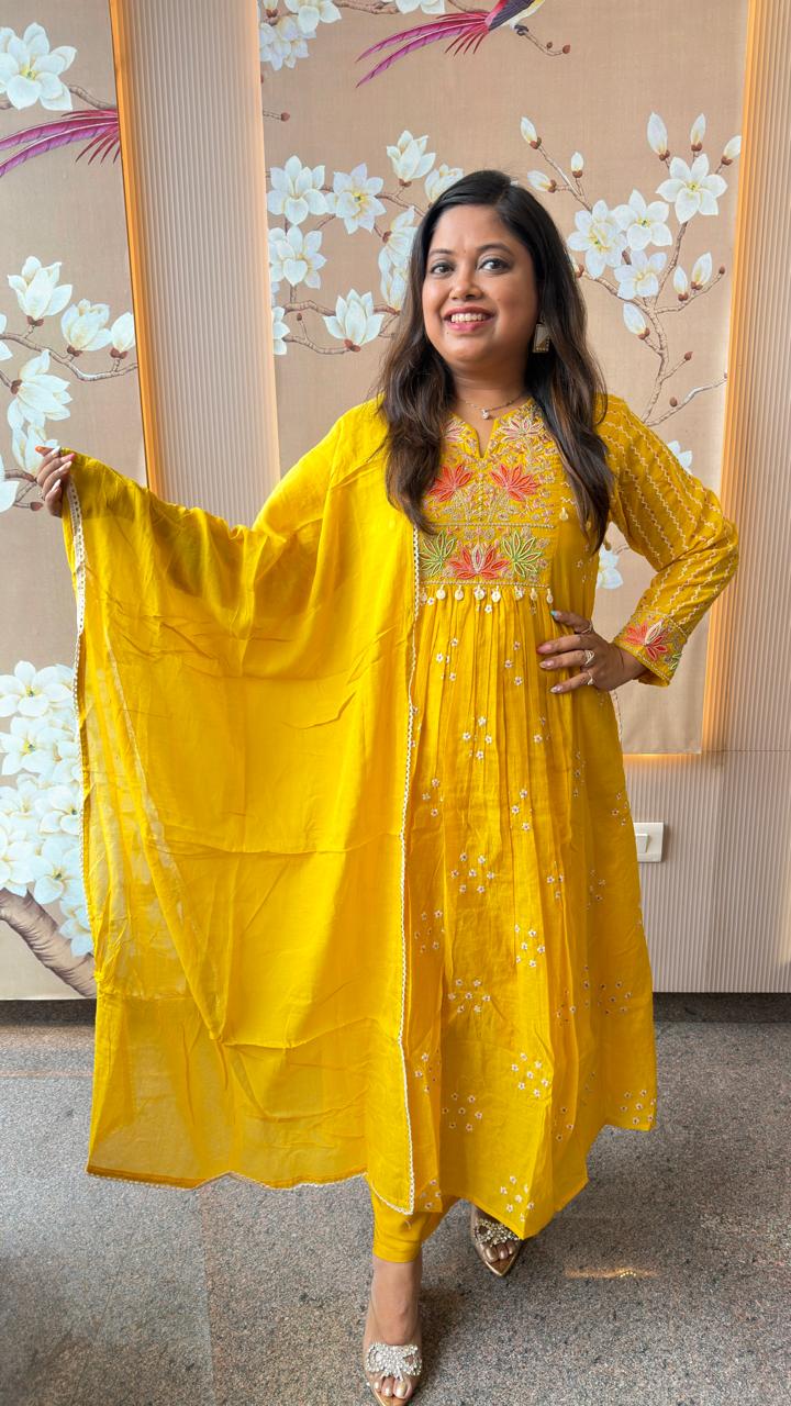 Prettiest yellow Premium Mul chanderi with pearl detailing suit set