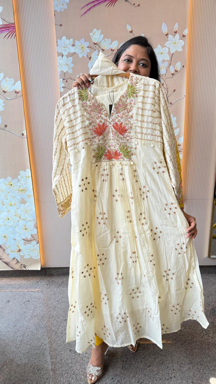 Premium Mul chanderi with pearl detailing suit set in ivory