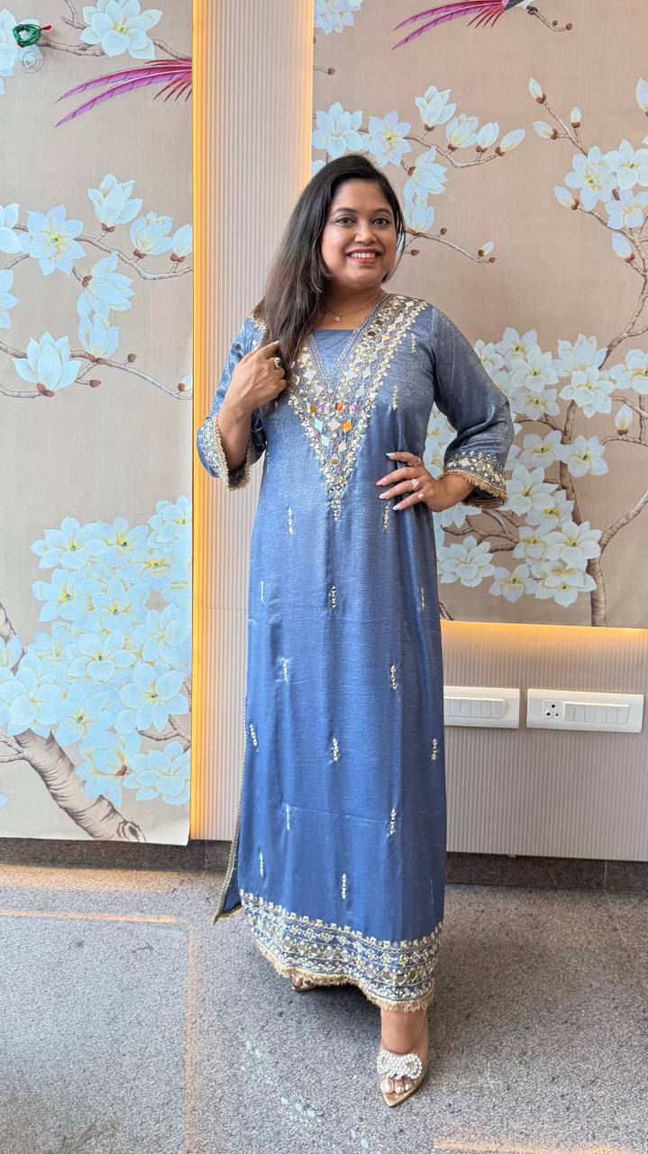 Imported fabric real mirror high slit blue dress