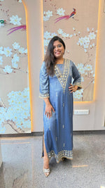 Imported fabric real mirror high slit blue dress