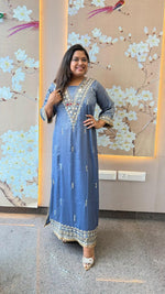 Imported fabric real mirror high slit blue dress