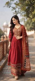 Pretty cotton ajrakh plazzo suit set in red