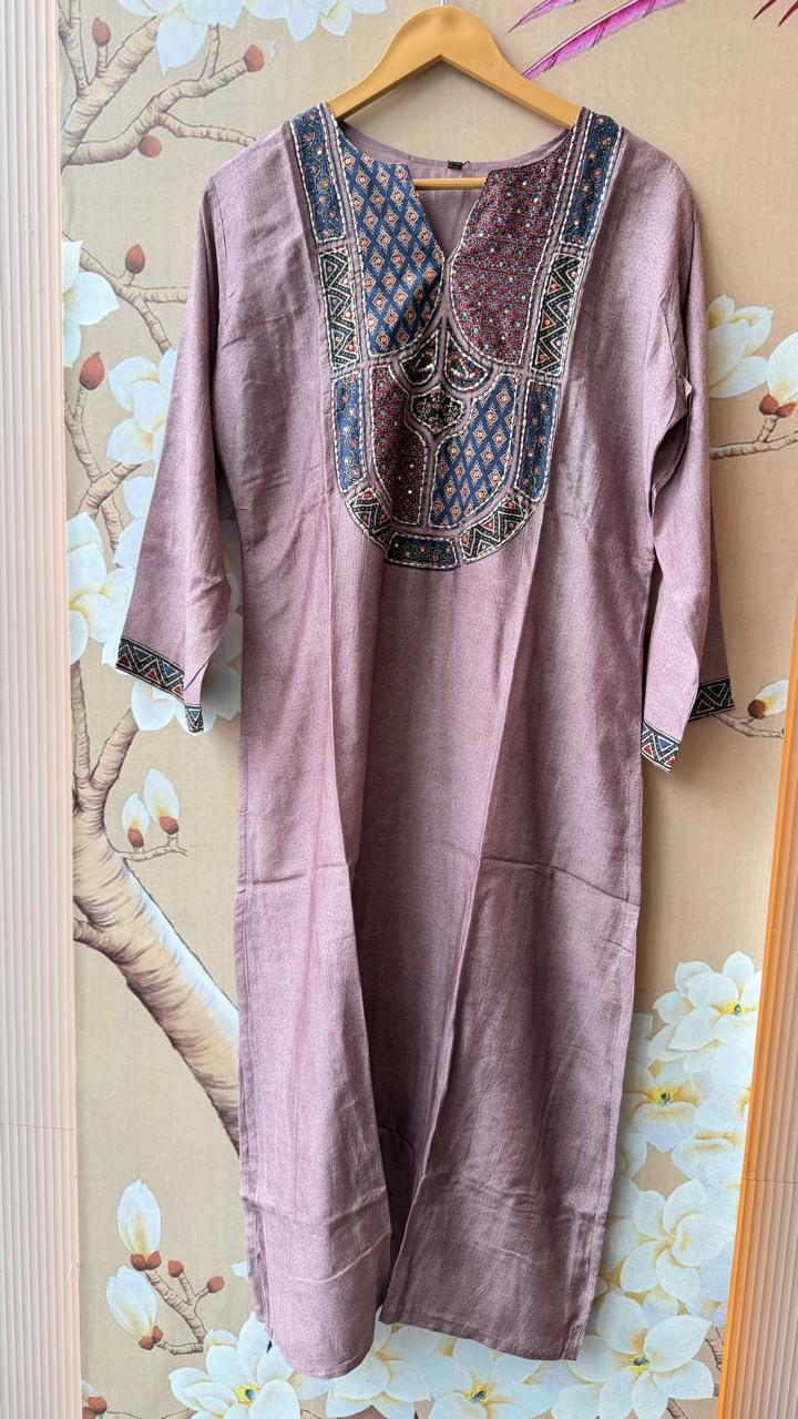 Pretty crepe silk ajrakh full suit set in purple . Designer front n back