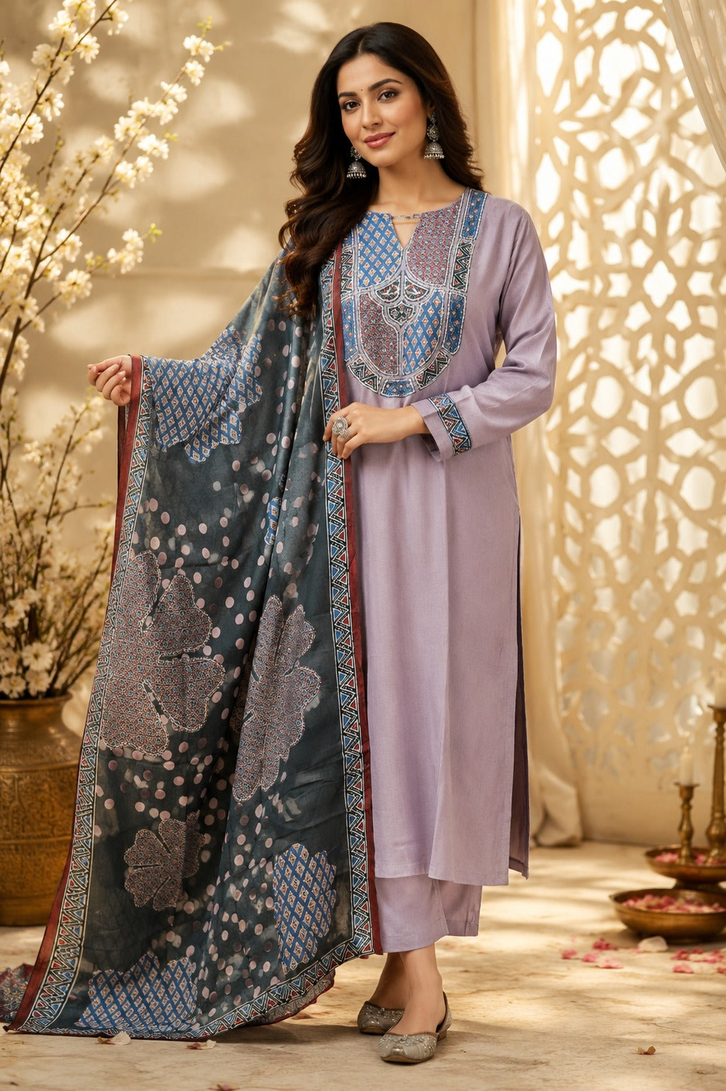 Pretty crepe silk ajrakh full suit set in purple . Designer front n back