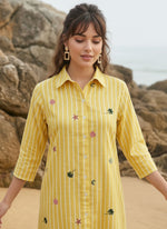 Pure cotton embroidered shirt dress in yellow