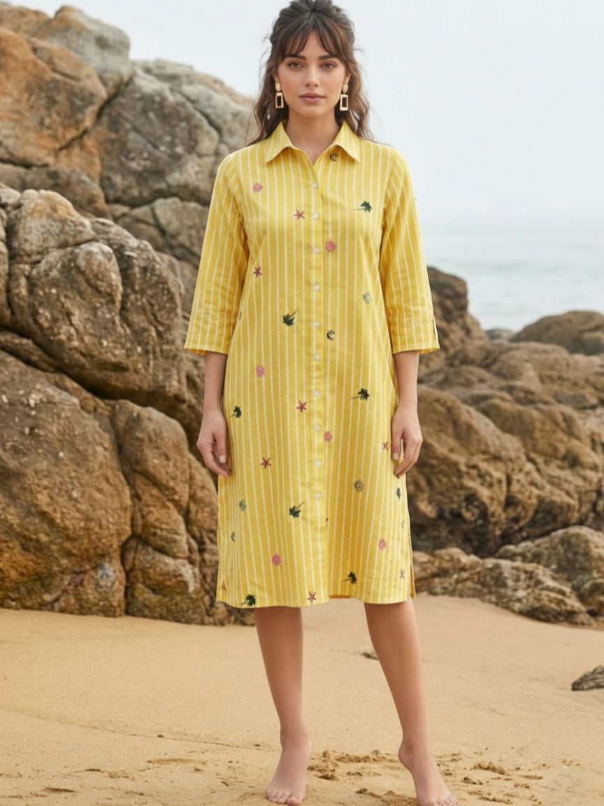 Pure cotton embroidered shirt dress in yellow