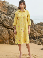 Pure cotton embroidered shirt dress in yellow