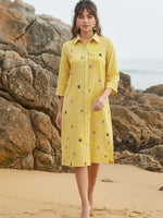 Pure cotton embroidered shirt dress in yellow