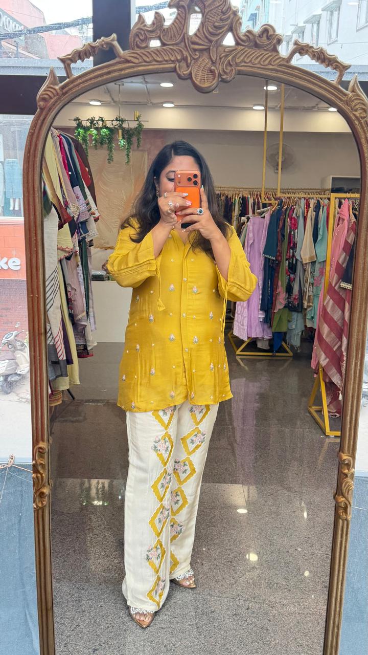 Premium chinon embroidered co ord in yellow