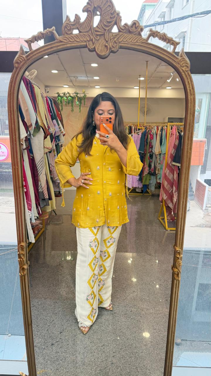 Premium chinon embroidered co ord in yellow