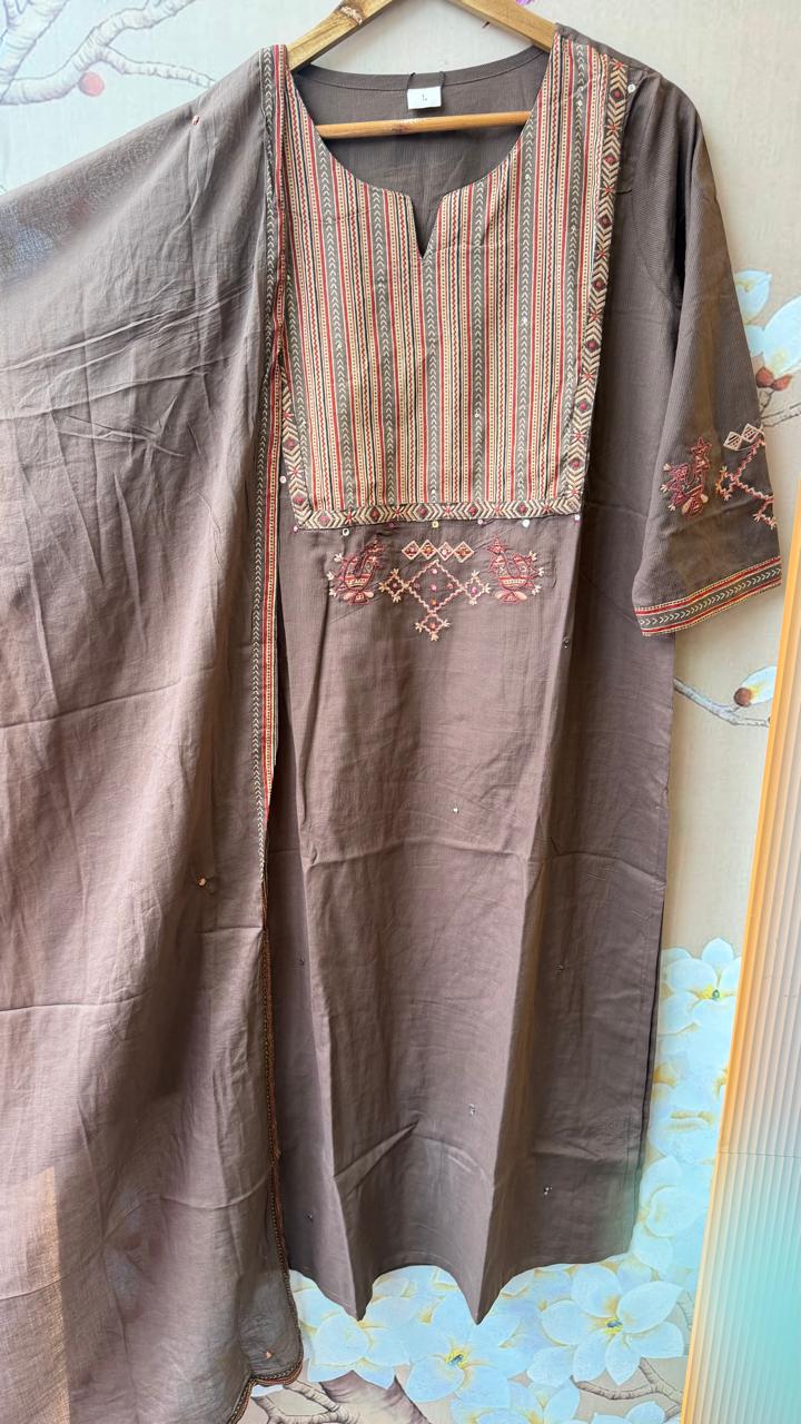 Pretty cotton ajrakh highlighted with katha suit set