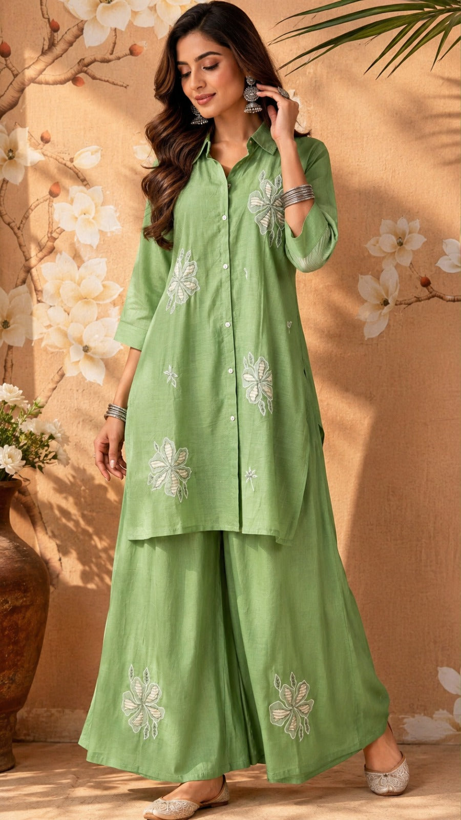 Wow embroidered inner Mul chanderi co ord in green