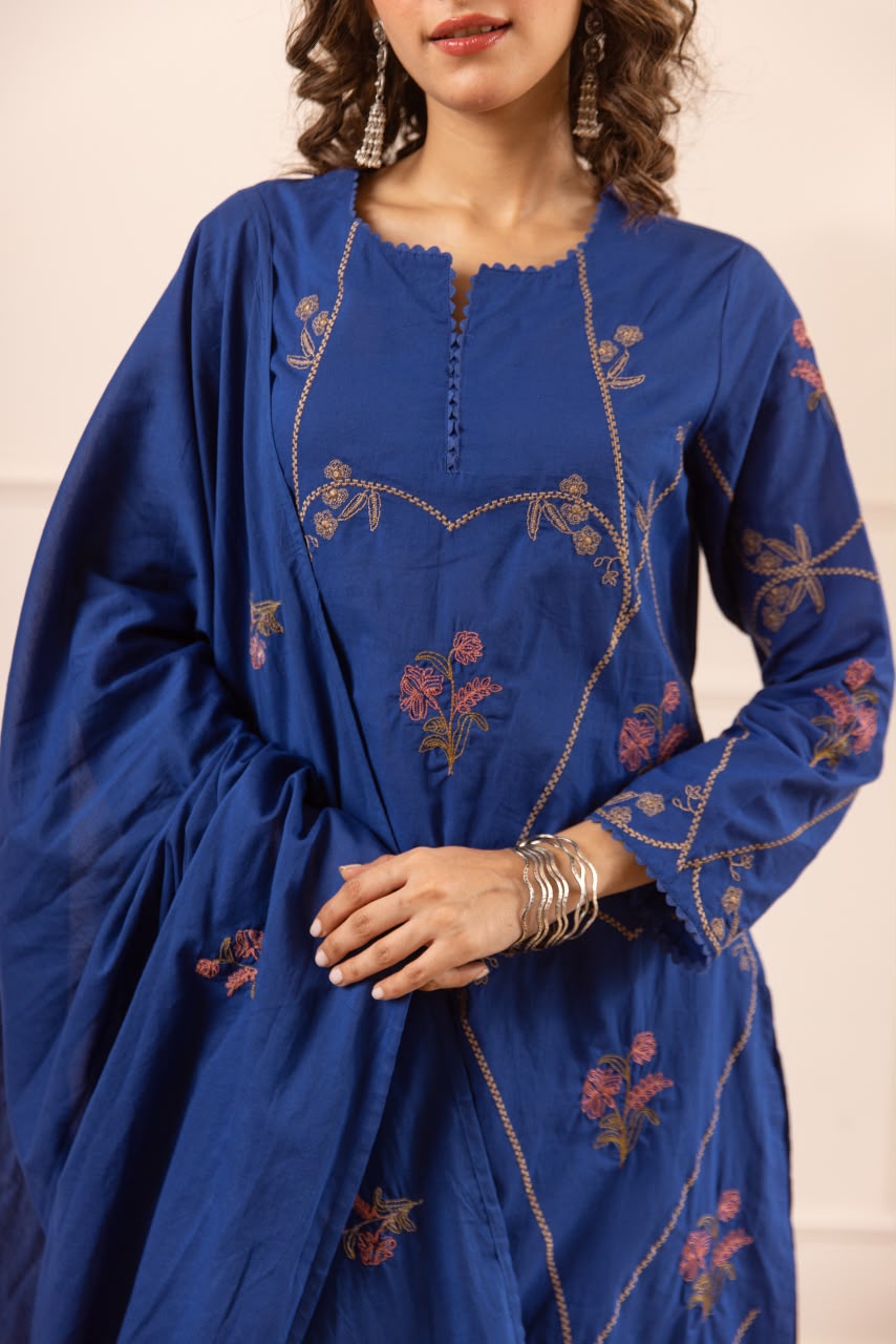 Pure cotton embroidered suit set in royal blue