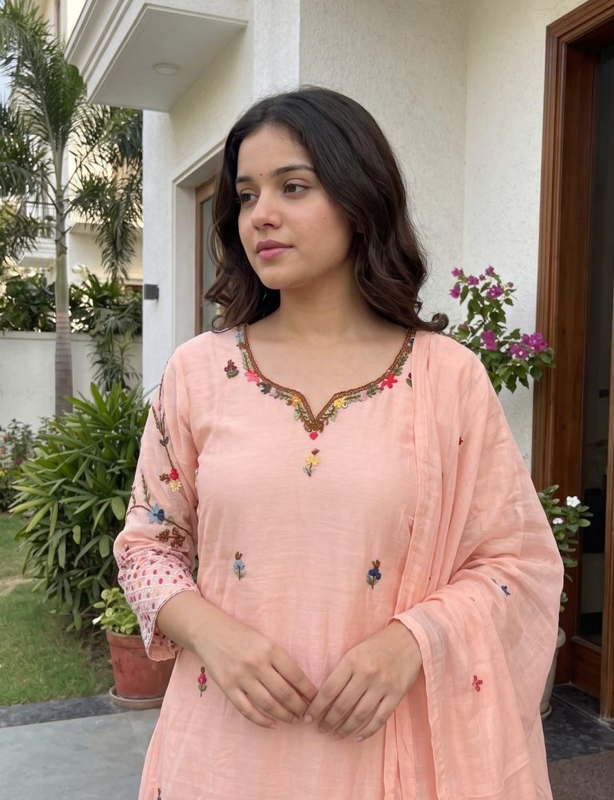Soft silk lining katha detailing suit set