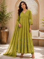 Cotton cutwork Anarkali suit set in green