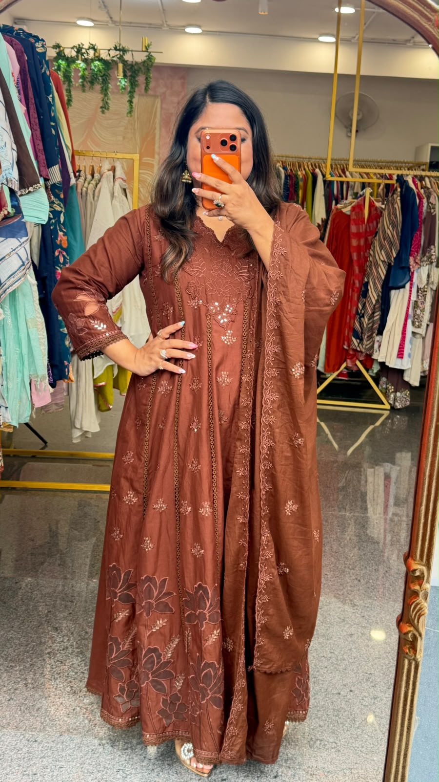 Restocked bestseller! Cotton cutwork Anarkali suit set in brown