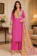 Super soft lehariya and Kalamkari Mul silk suit set in Rani pink with potli