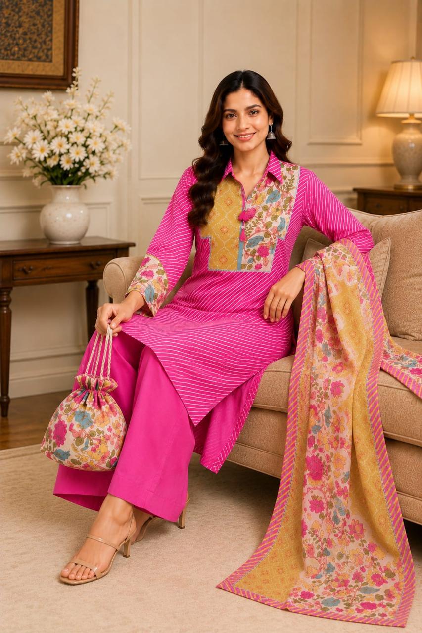 Super soft lehariya and Kalamkari Mul silk suit set in Rani pink with potli