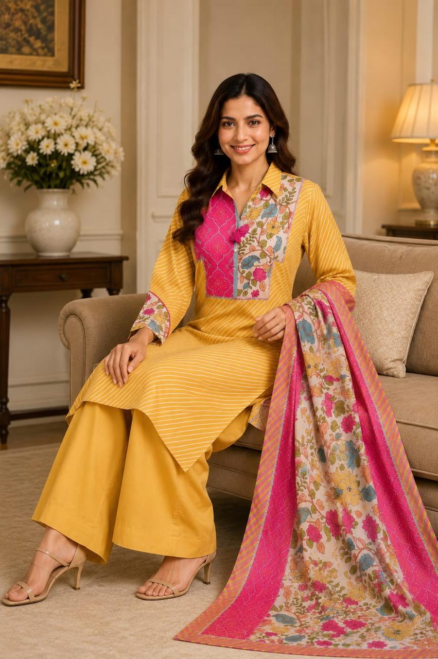 Super soft lehariya and Kalamkari Mul silk suit set in yellow with potli