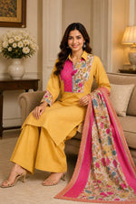 Super soft lehariya and Kalamkari Mul silk suit set in yellow with potli