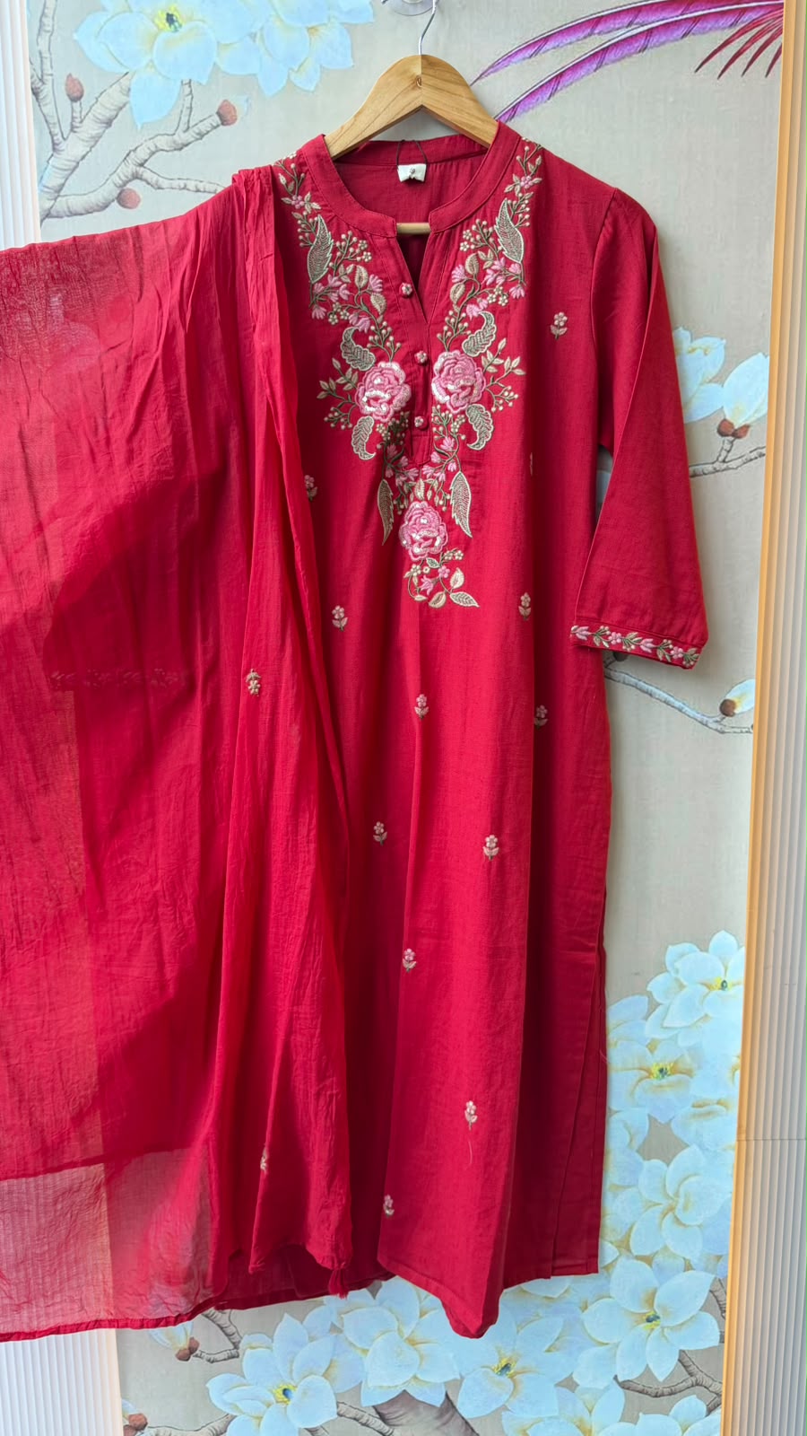 Super pretty red cotton embroidered suit set