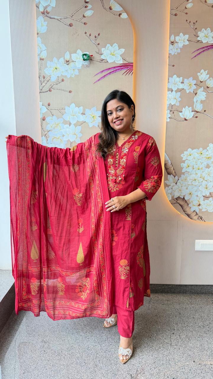 Pure cotton embroidered real mirror designer pocket full cotton suit set in red