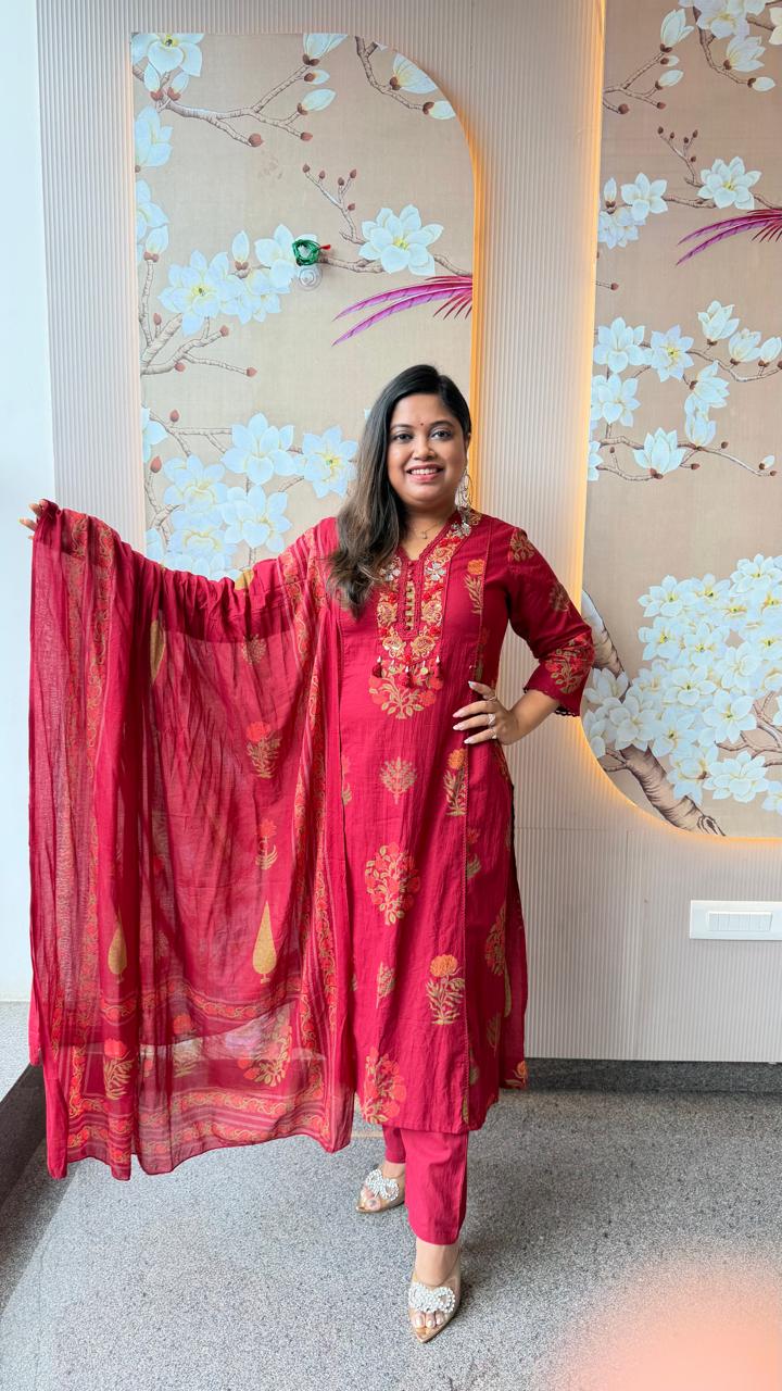Pure cotton embroidered real mirror designer pocket full cotton suit set in red