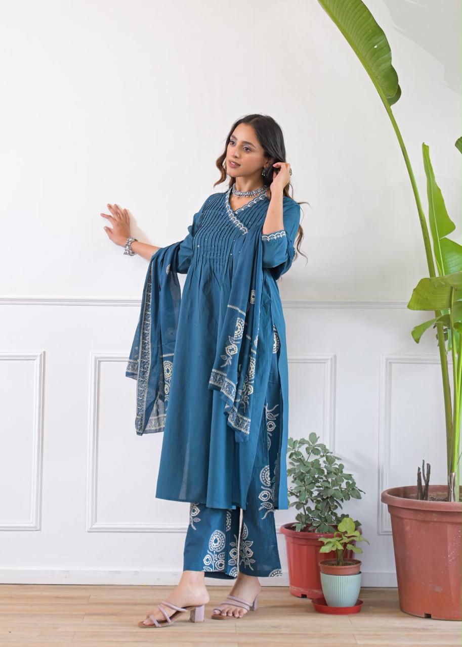 Designer cotton angrakha suit set in teal blue paired with printed plazzo and dupatta