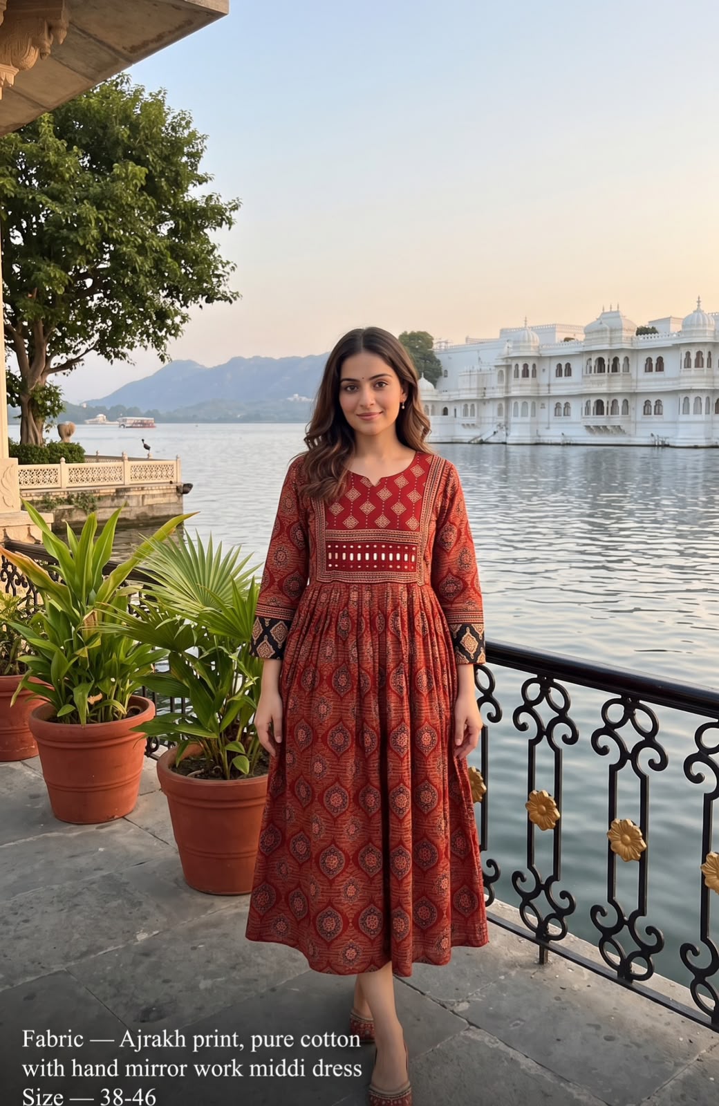 Ajrakh cotton real mirror dress in red