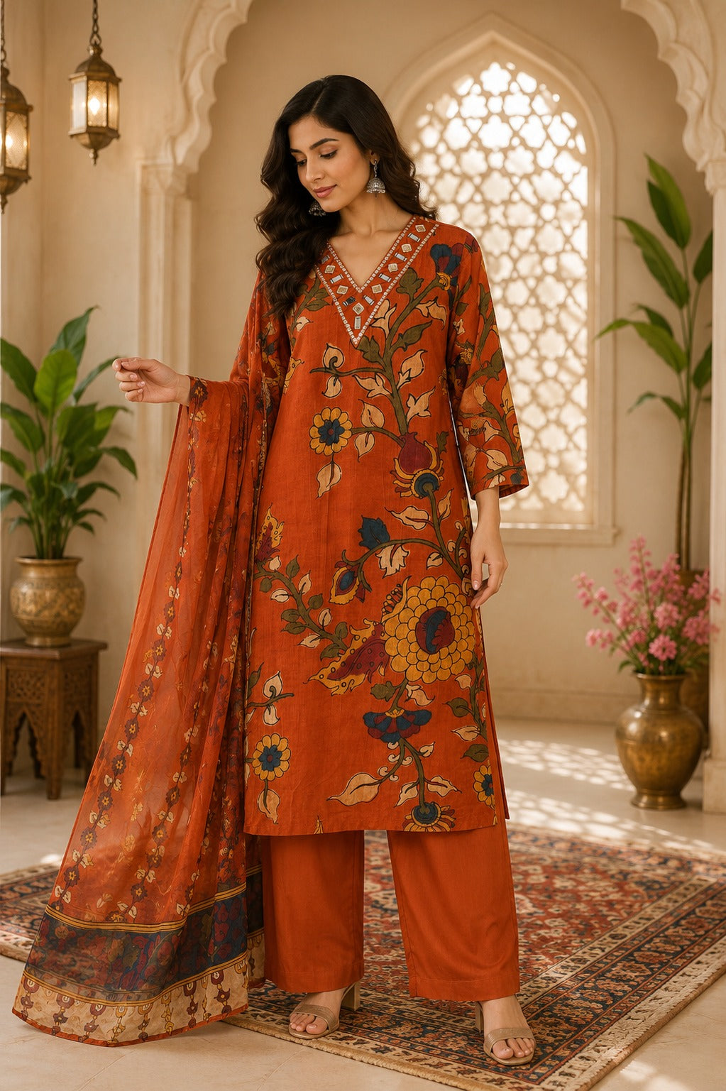 Premium Mul silk Kalamkari suit set in orange