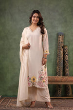 Pretty embroidered Mul chanderi beige suit set