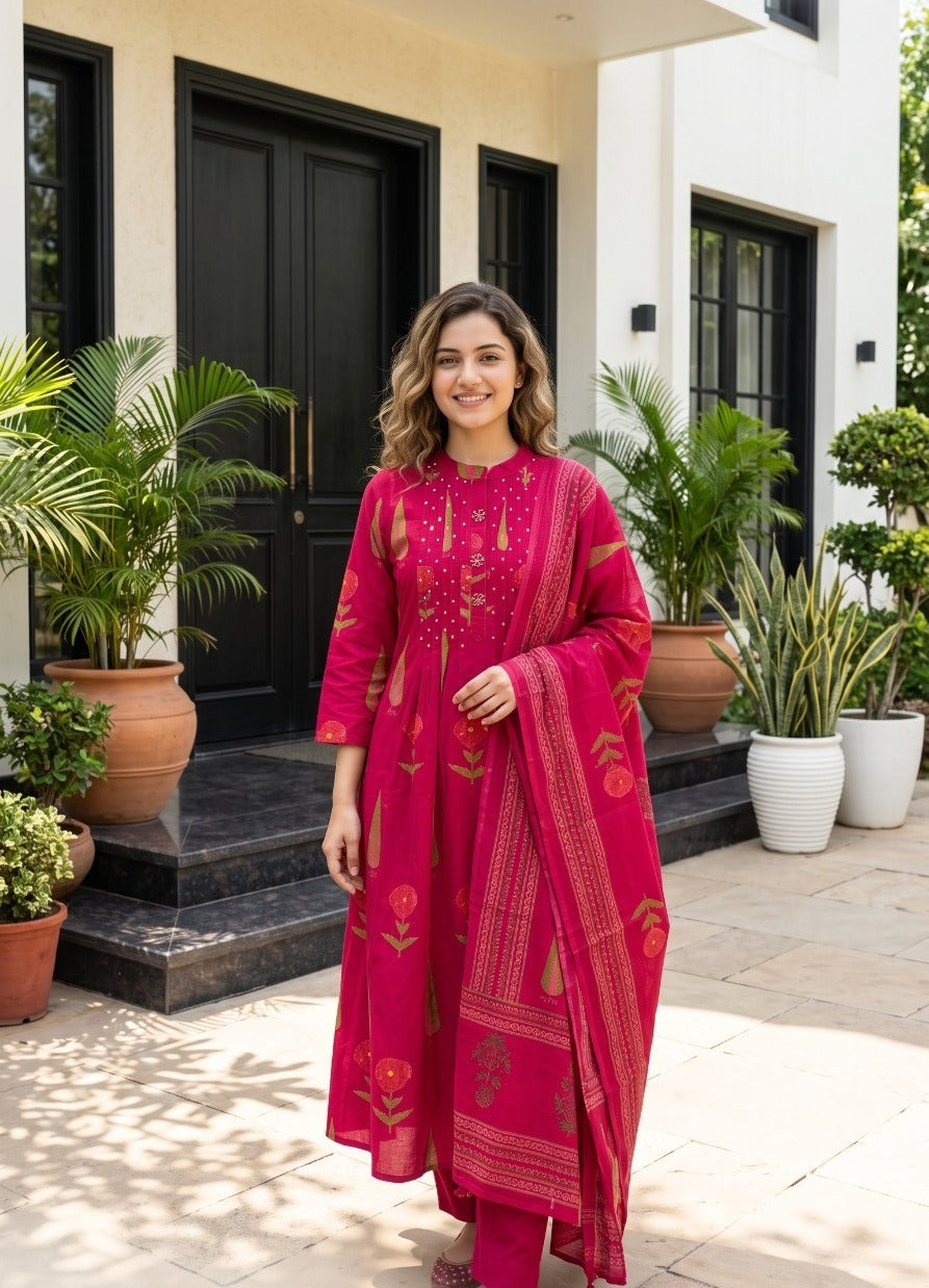 Pure cotton full suit in Rani pink