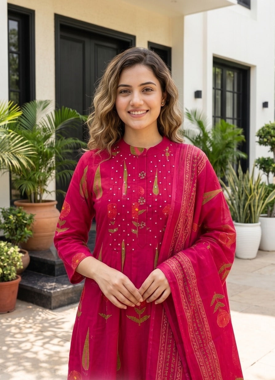 Pure cotton full suit in Rani pink