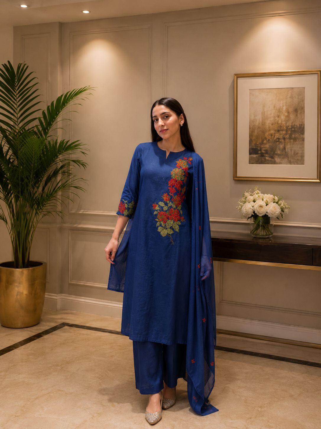 Pure cotton embroidered suit set in blue