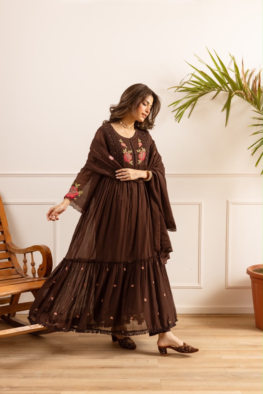 Pure Mul cotton embroidered Anarkali full suit
