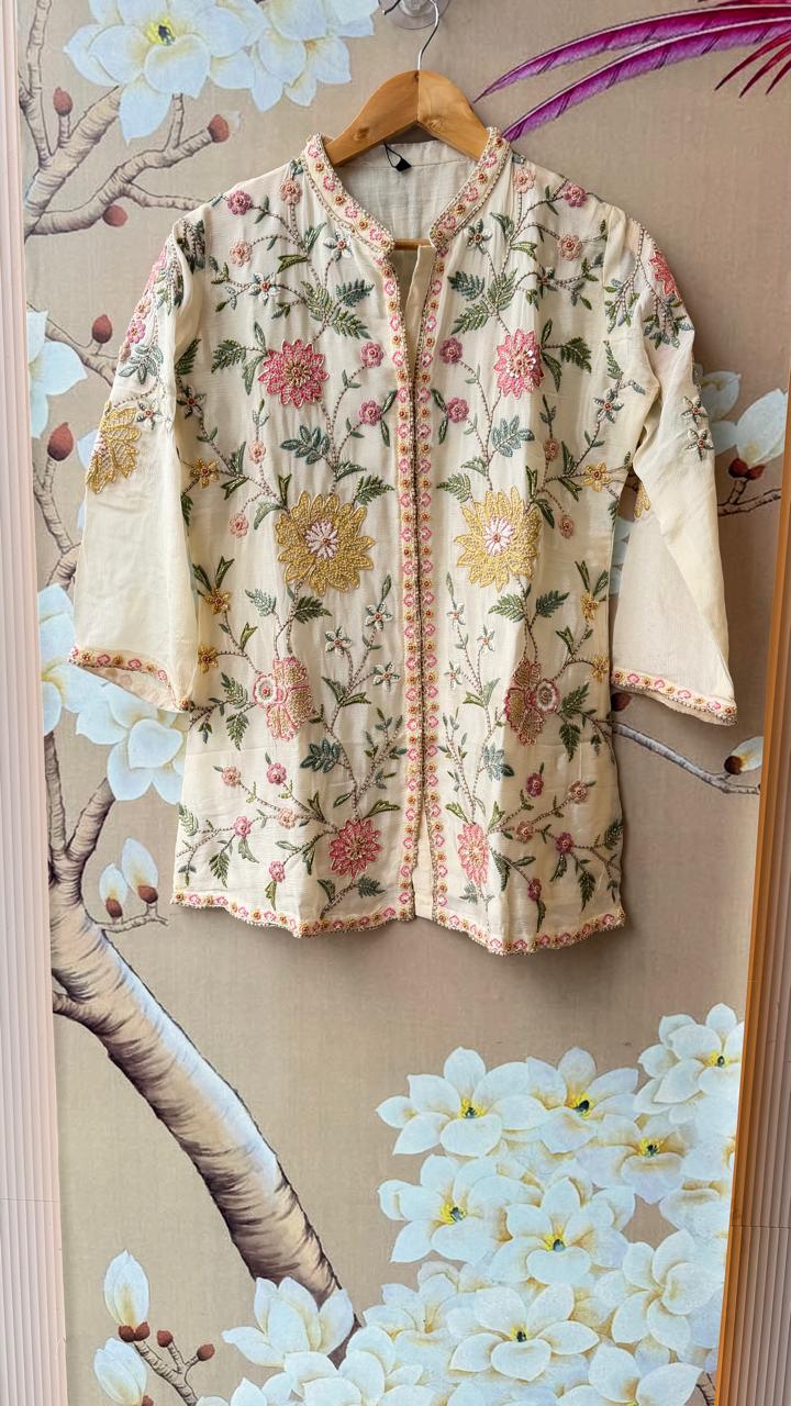 Premium chinon handwork detailing co ord in yellow