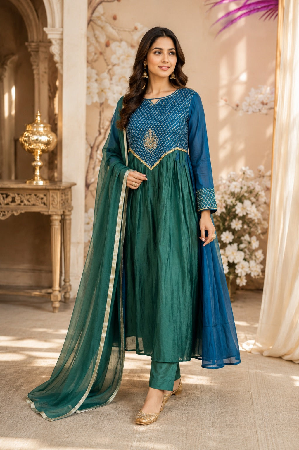 Viral Banarasi Mul chanderi detailing suit set